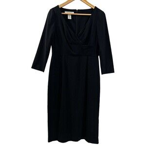 Nine West Women Black Cocktail V Neck Dress Casual 3/4 Sleeve Back Slip Hem Sz 8